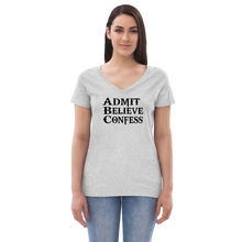 Load image into Gallery viewer, Women’s ABC&#39;s recycled v-neck t-shirt black font
